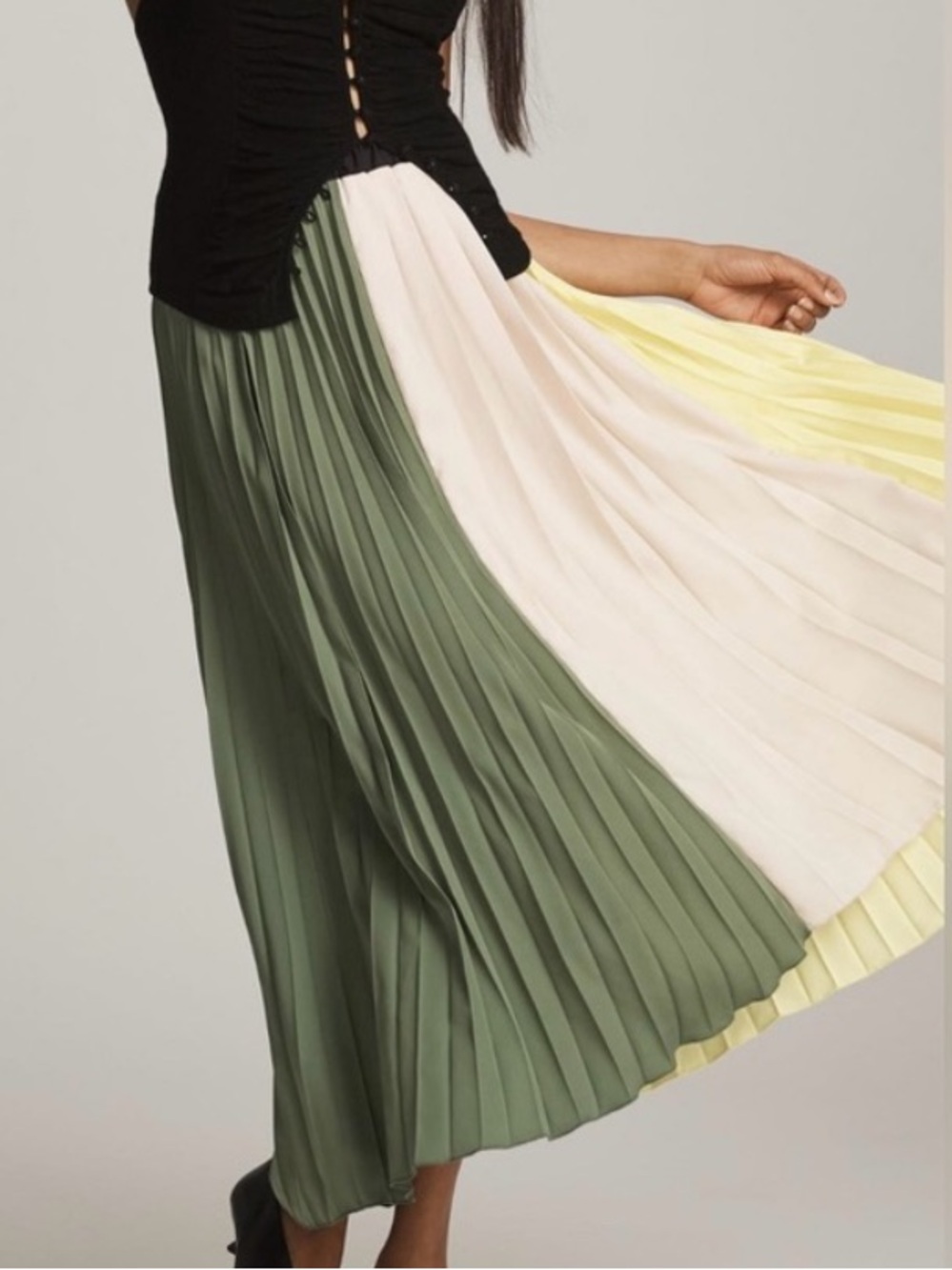 Anthropologie Colorblock Pleated Midi Skirt — Olive, Cream & Pale Yellow Panels